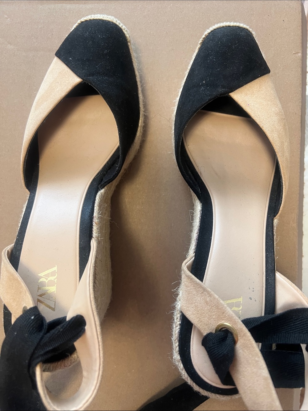 ZARA Black and Beige Espadrille Slingback Wedges